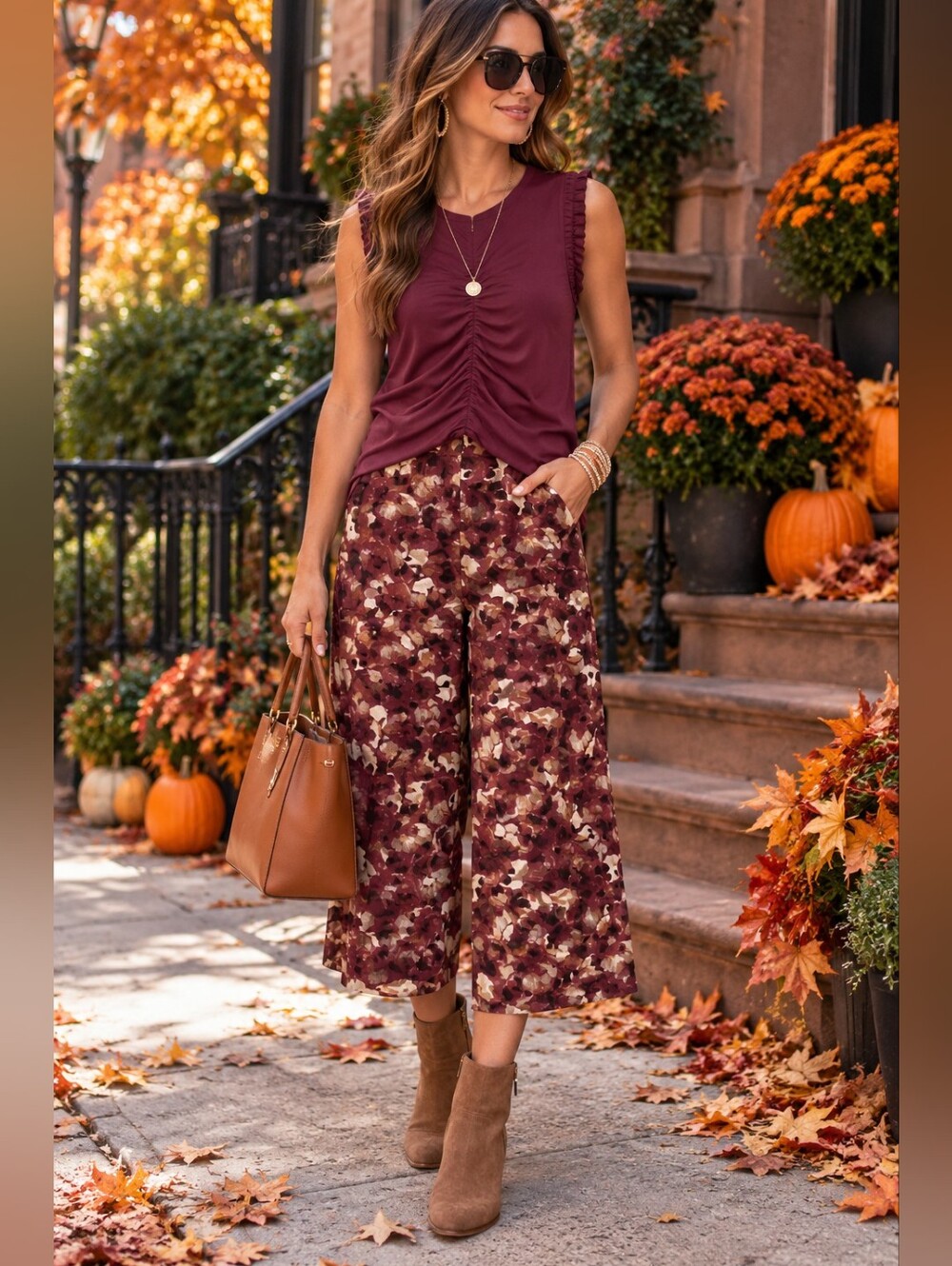 Democracy Burgundy Ruched Tank with Burgundy Floral Wide-Leg Pants